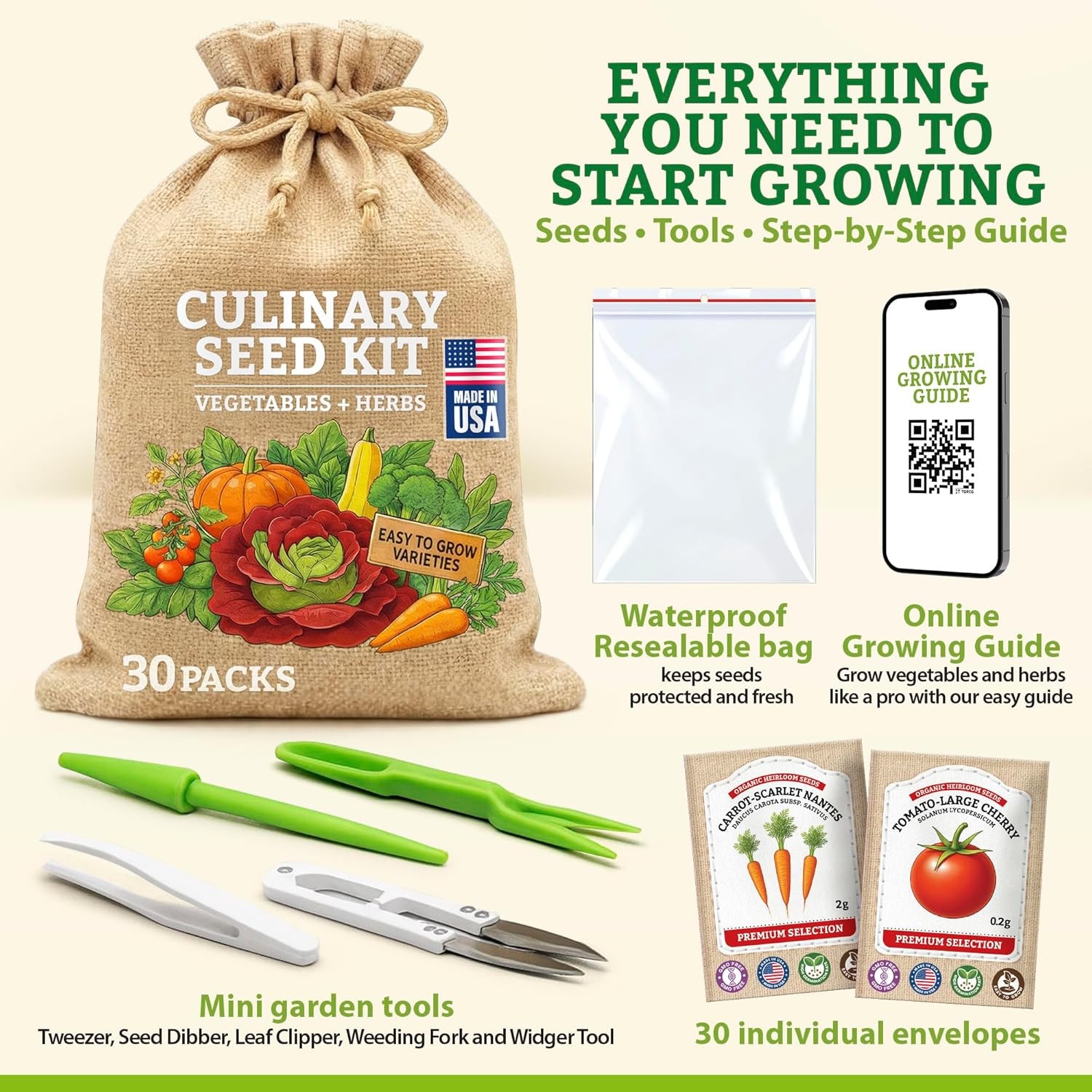 Heirloom Vegetable & Herb Seeds Variety Pack – 30 Non-GMO Garden Seeds