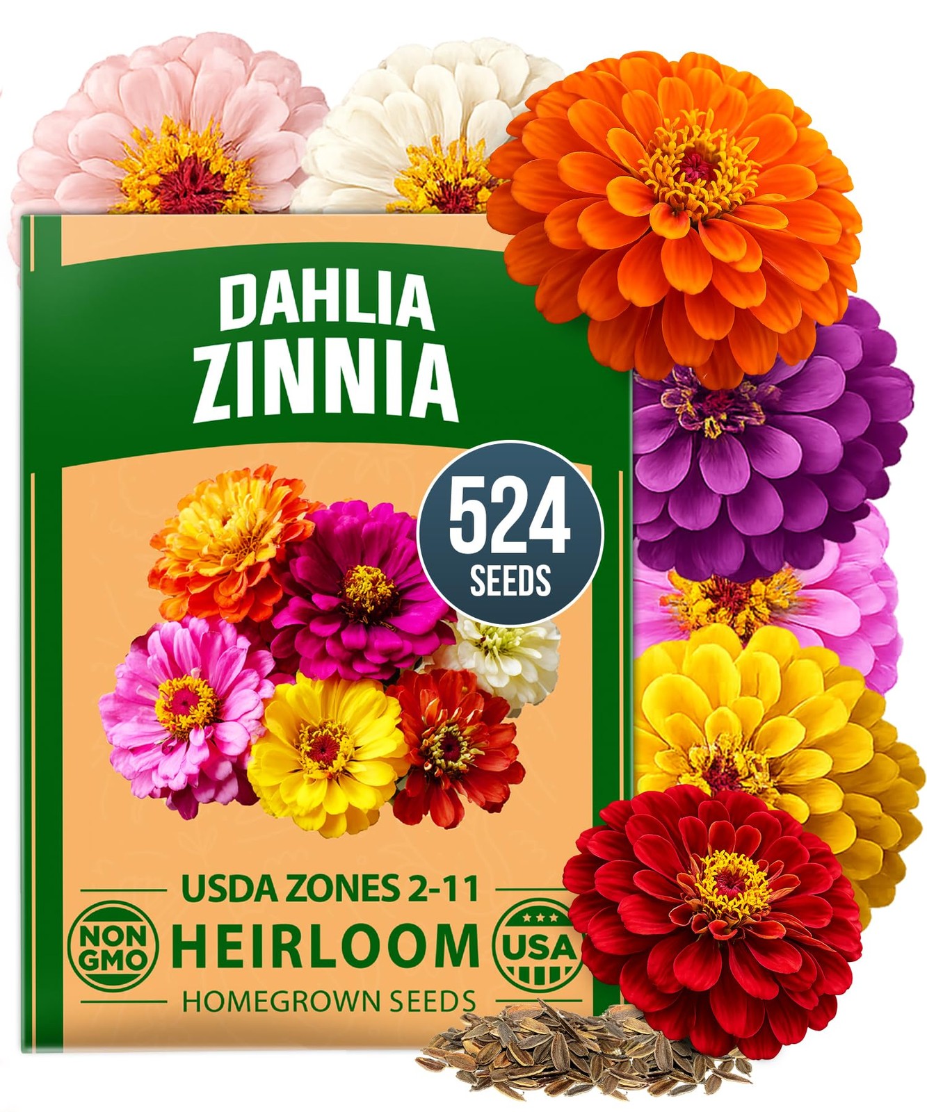 HOME GROWN Zinnia Dahlia Seeds Pack for 2026 Non GMO 524 Flower Seeds |