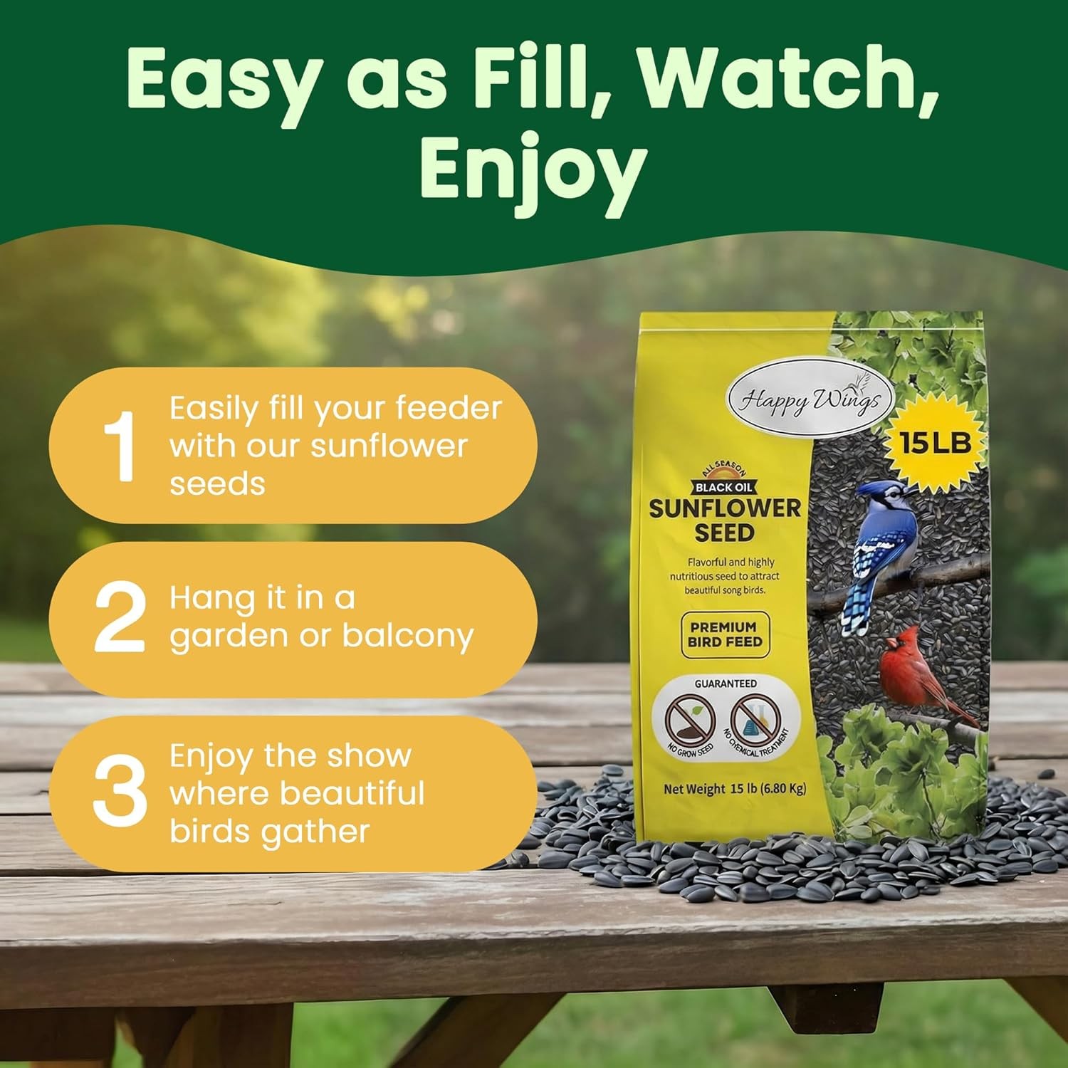 Wings Black Oil Sunflower Seeds Wild Bird Food- 15 Pounds | No Grow Seed | Bird
