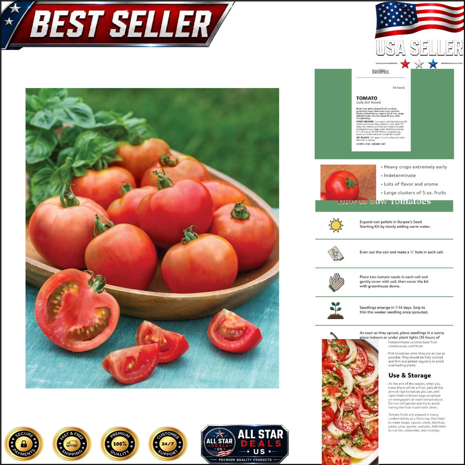 Organic Early Girl Slicing Tomato Seeds – 50 Non-GMO Seeds for Home Gardeners