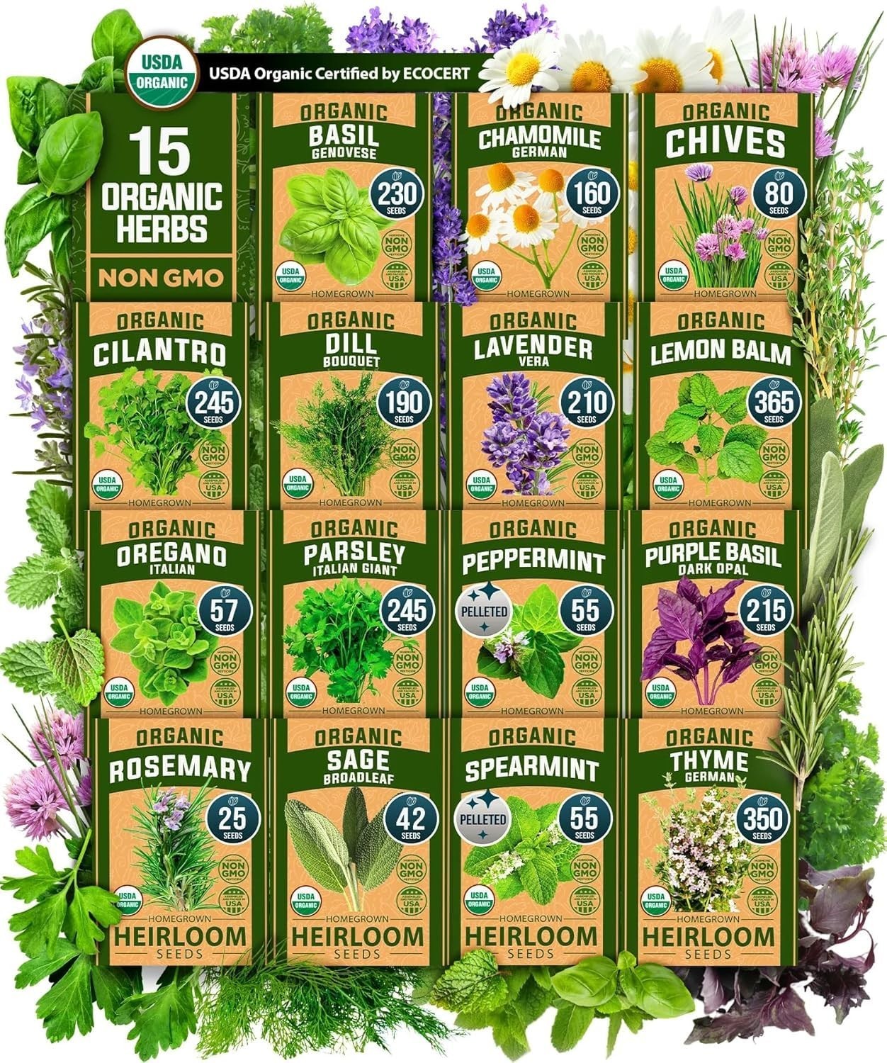 Organic Herb Seeds Variety Pack – Non-GMO Heirloom, 2500+ High-Germination Seeds