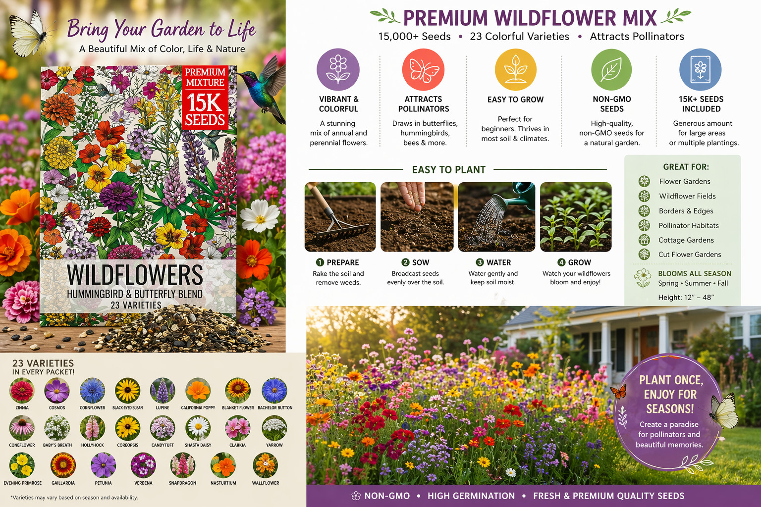Seed Needs Flower Seeds Hummingbird and Butterfly Seed Mix 1 Ounce No Filler