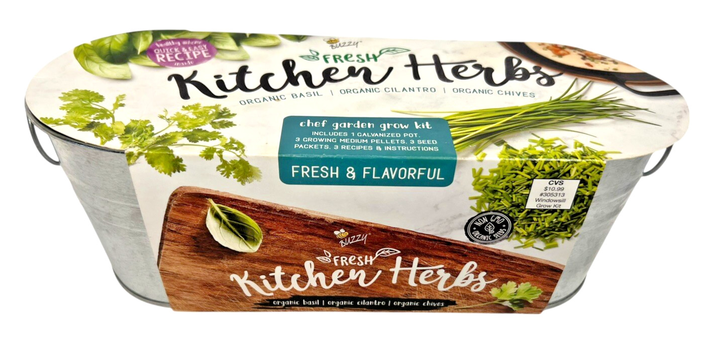 NEW! BUZZY KITCHEN HERBS GROW KIT COMPLETE KIT BASIL CHIVES CILANTRO Garden