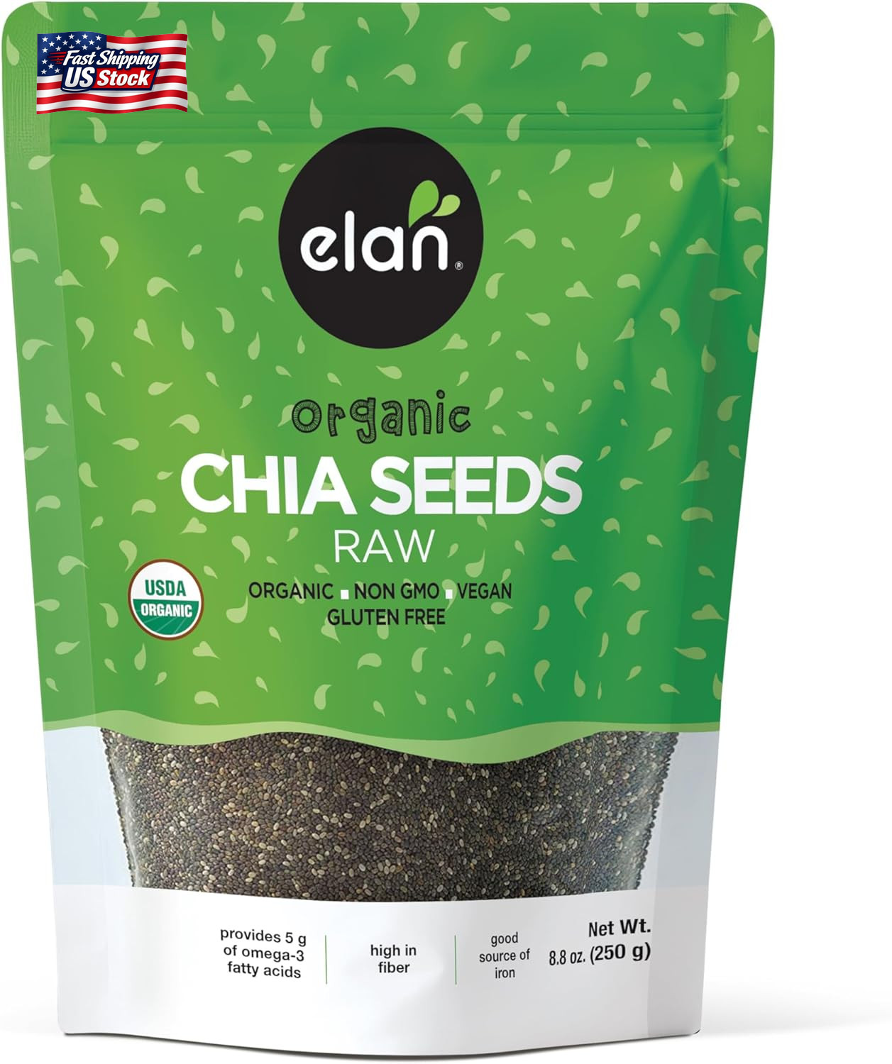 Elan Organic Chia Seeds, 8.8 Oz, Natural Raw Black Chia Seeds, Plant-Based, Non-
