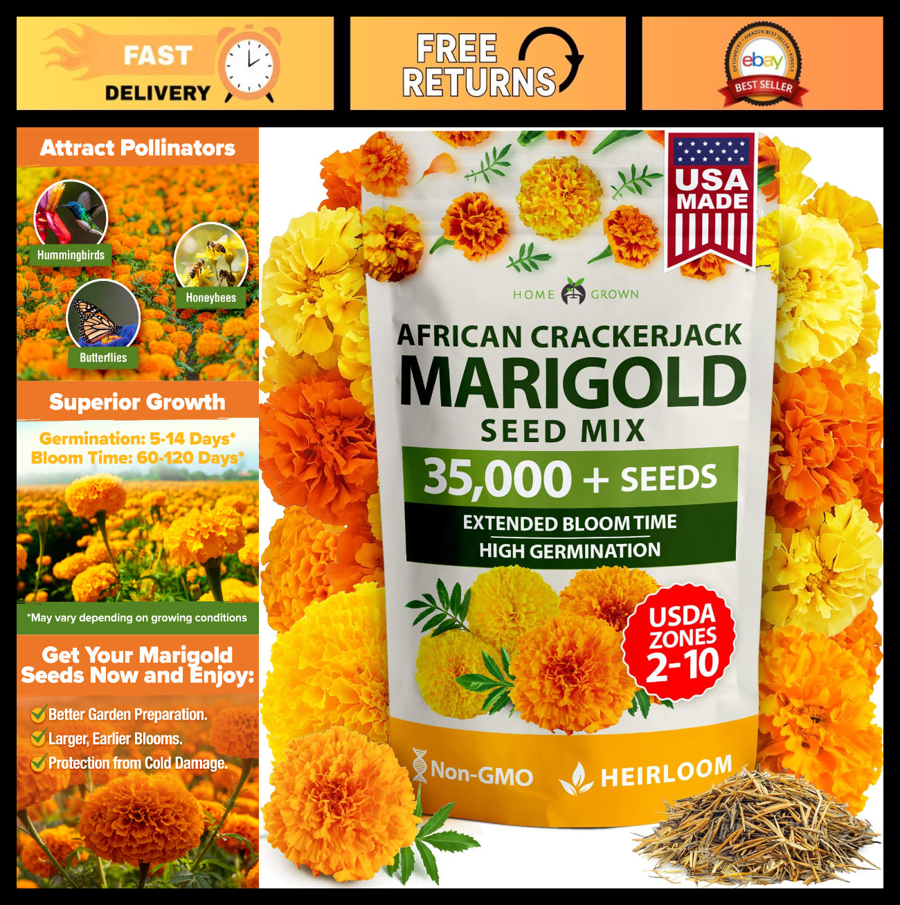 Crackerjack Marigold Seeds – 4 oz Bulk Pack | 35,000 High Germination Flower See