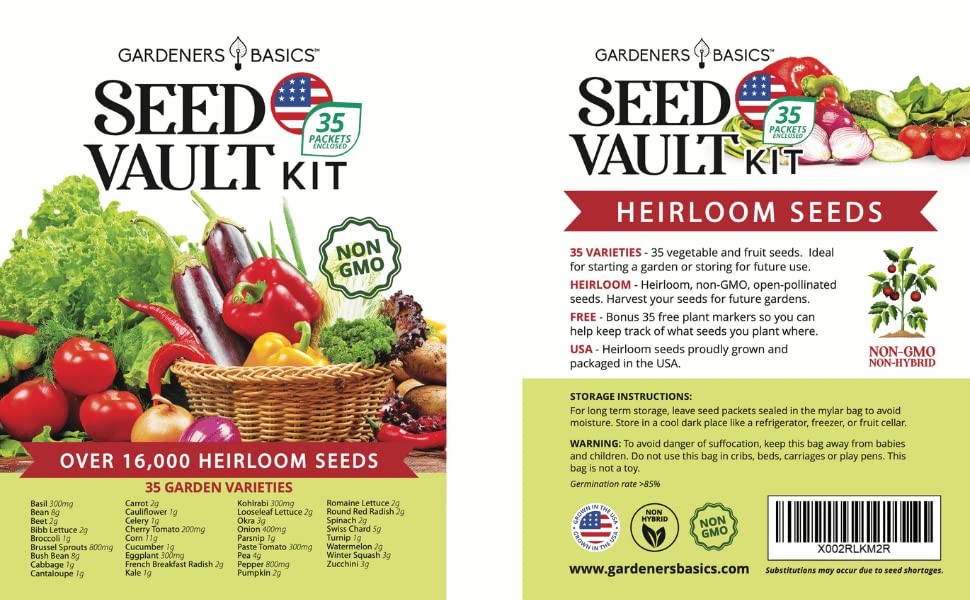 Survival Vegetable Seeds Garden Kit Over 16,000 Seeds Non-GMO and Heirloom, G…
