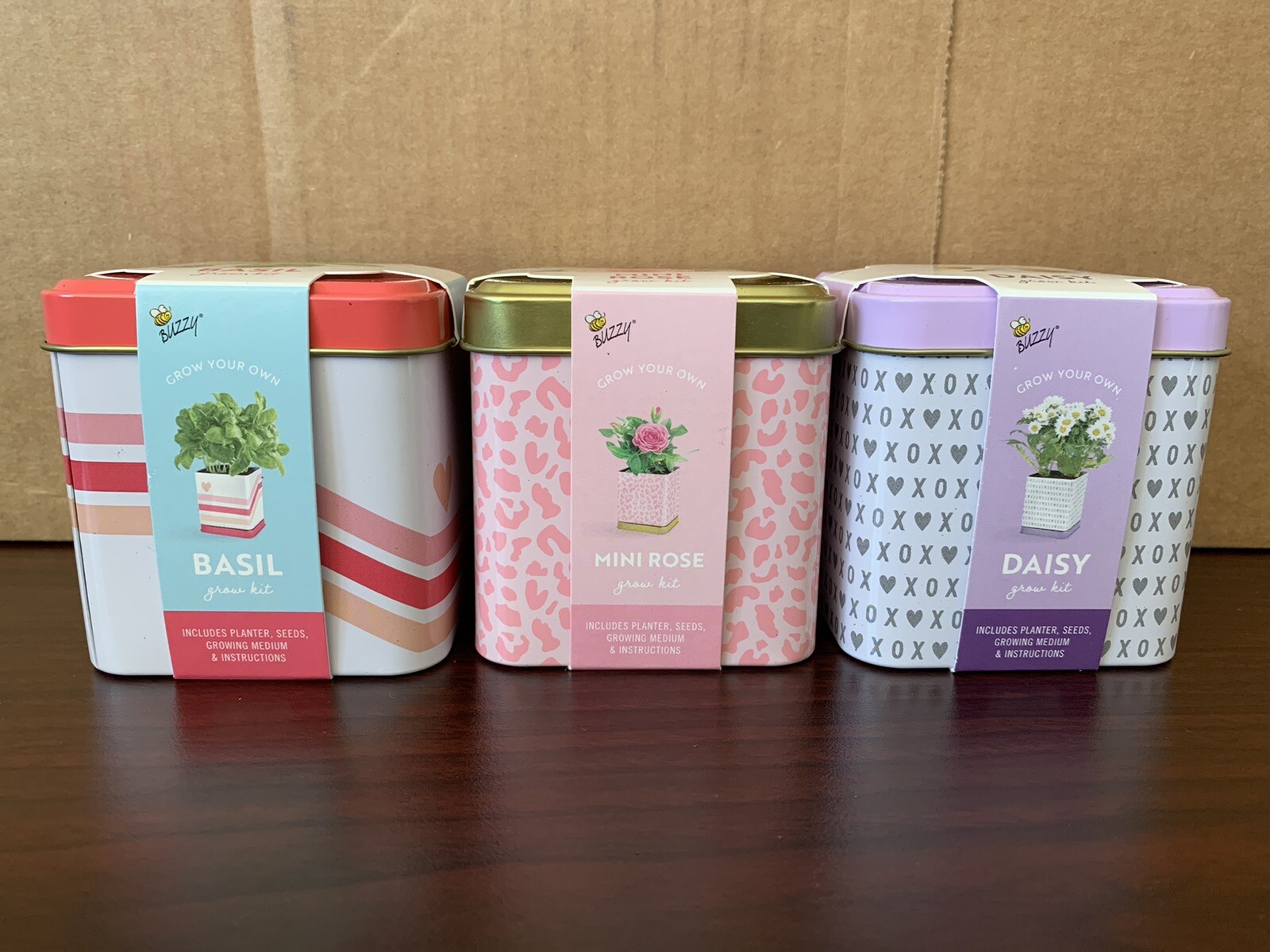 Buzzy Grow Your Own Grow Kit Mini Rose, Basil, & Daisy. Planter seeds & medium