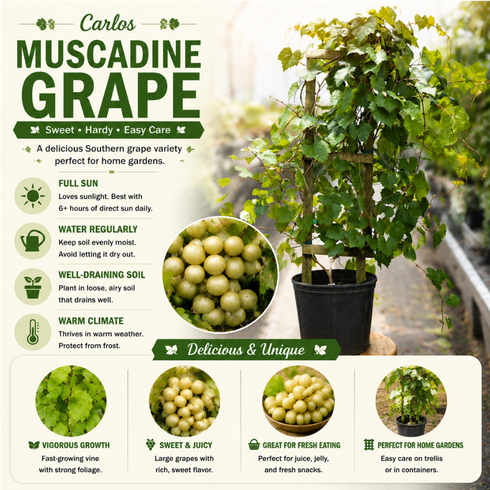 Carlos Muscadine Grape Vine Live Plant 4-6 Inches Rooted Easy Fruiting Variety