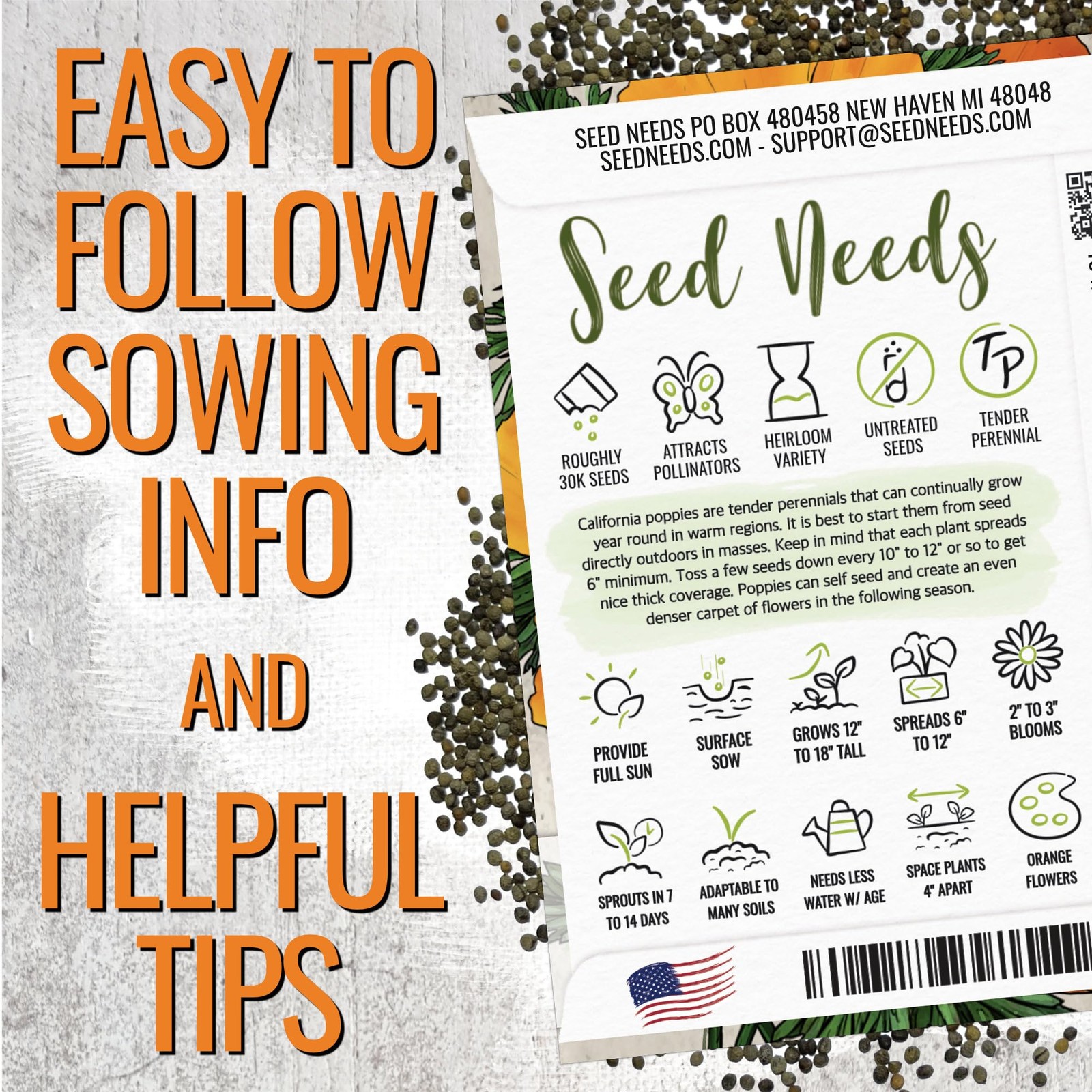 California Poppy Seeds – 30,000+ Heirloom Wildflower Seeds for Vibrant Blooms