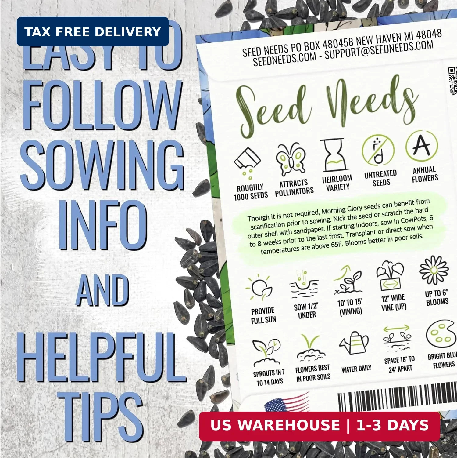 Seed Needs Heavenly Blue Morning Glory Seeds for Planting | 1,000+ Heirloom Seed