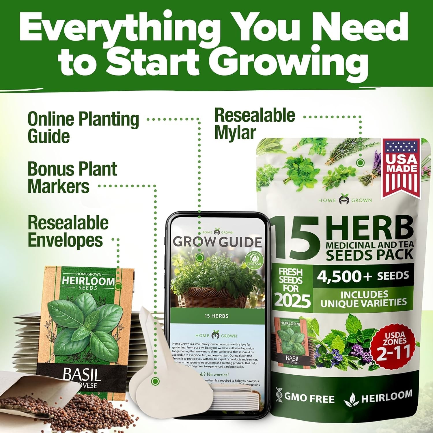 15 Herb Seeds Variety Pack – Non-GMO, Heirloom, Kitchen & Indoor Gardens