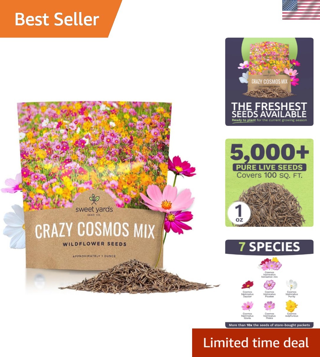 Cosmos Seeds Wildflower Mixture – Bulk 1 Ounce Packet – Over 5,000 Seeds – Pi…