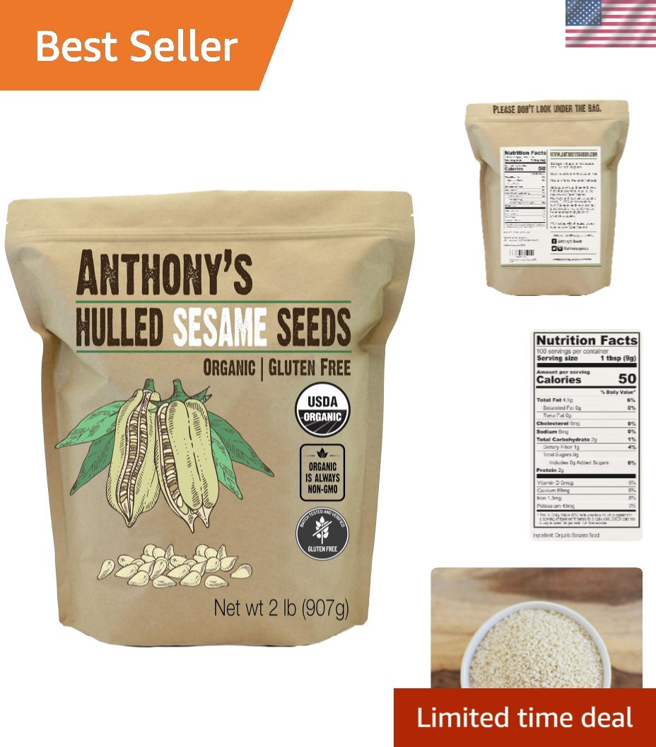 Organic Hulled Sesame Seeds, 2 lb, White, Raw, Gluten Free, Non GMO, Keto Fri…