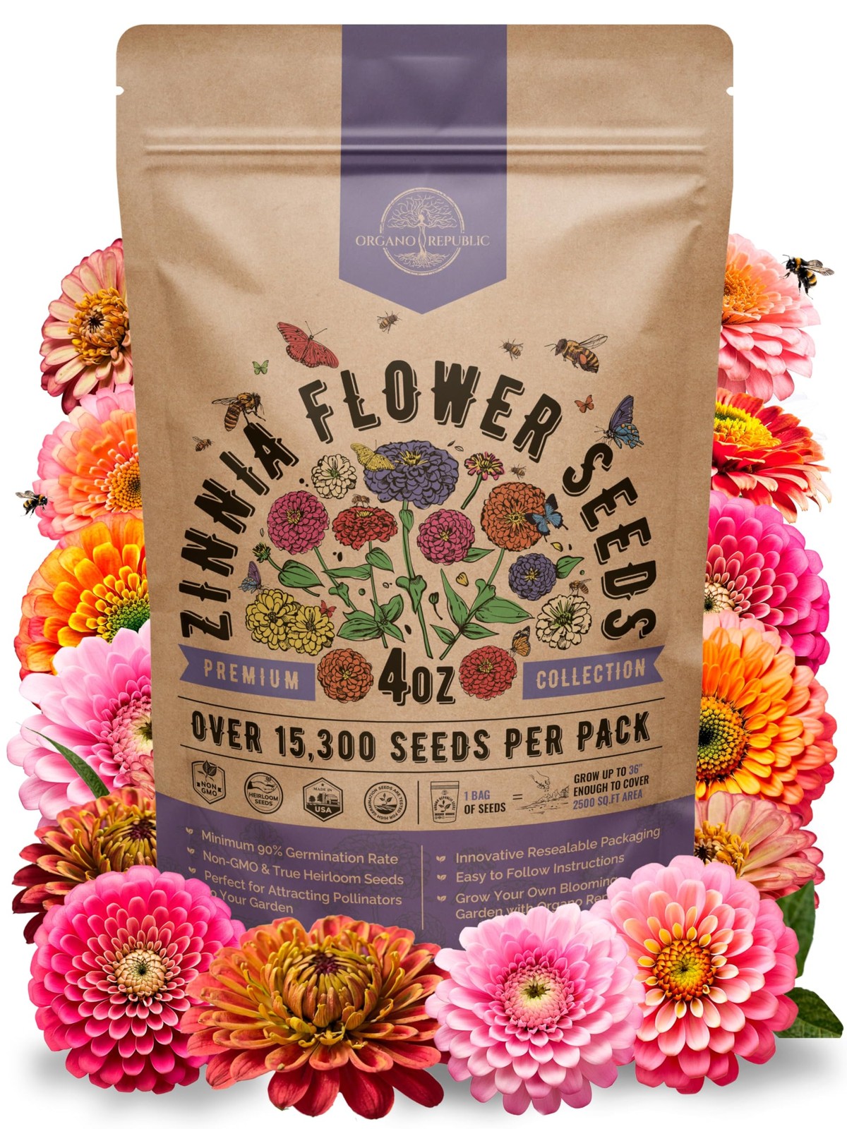 Zinnia Seeds Pack 4 oz – Over 15,300 Non-GMO 4oz, Purple, Pink, Green