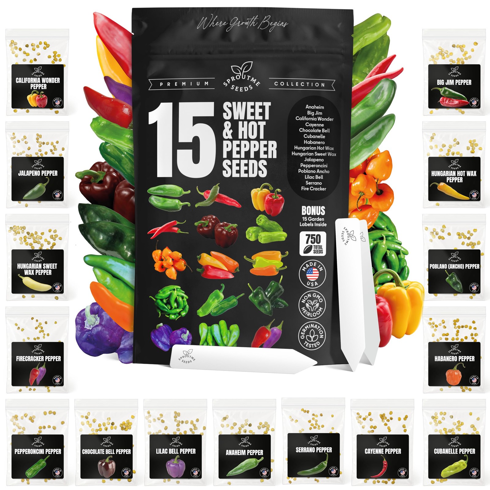 Sweet & Hot Pepper Seeds Variety Pack – 15 Varieties Mixed Heat Garden Collec…