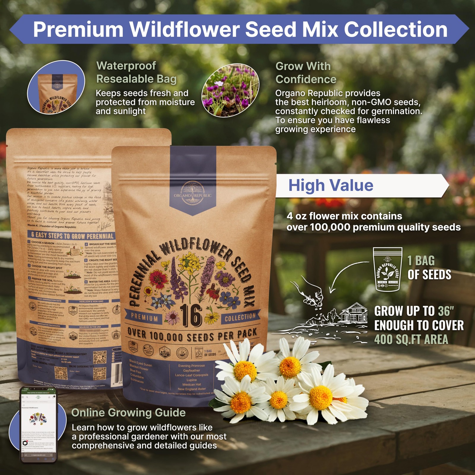 Organo Republic 16 Perennial Wildflower Seeds Mix for Indoor & Outdoors. 100,…