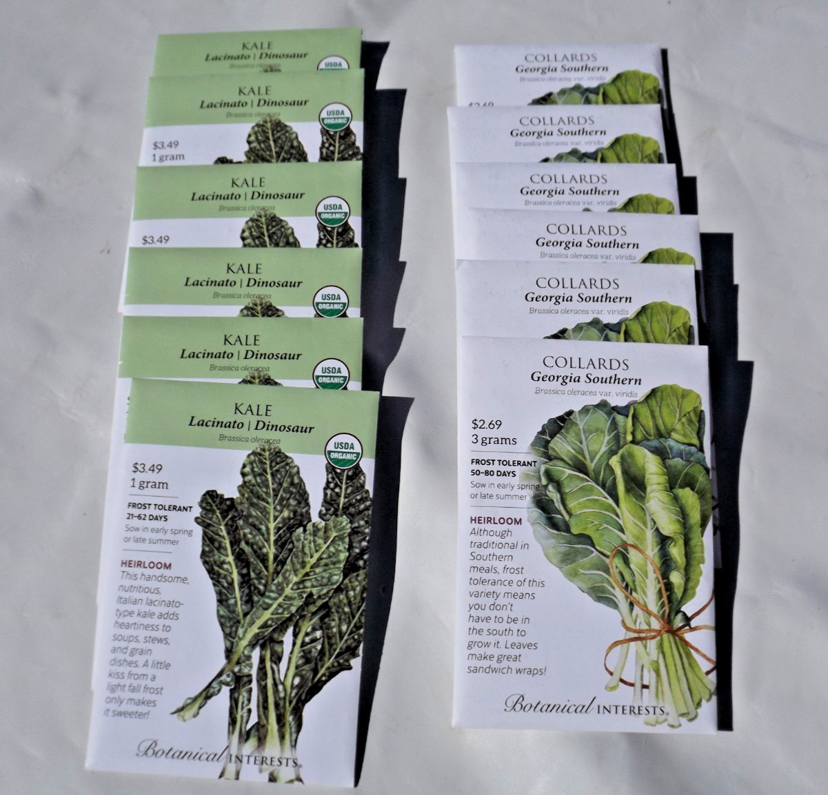 Lot #7 12 packs Botanical Interests seeds, Organic Kale, Collards