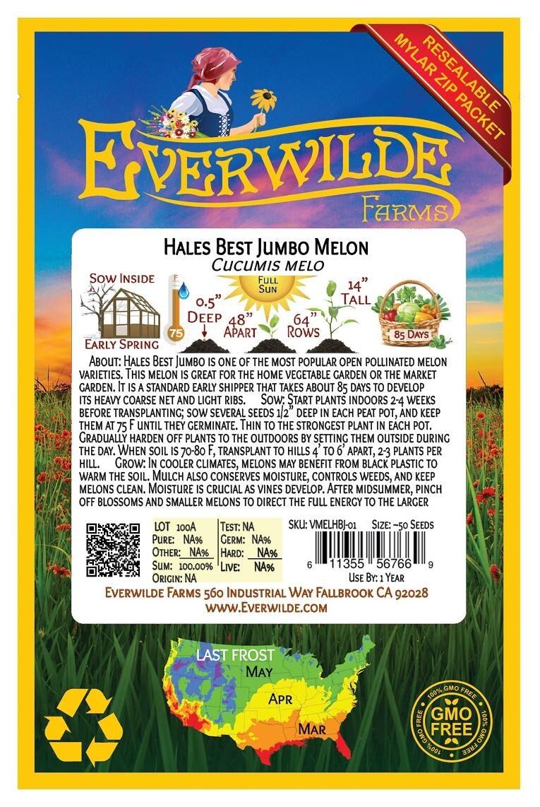 50 Hales Best Jumbo Melon Seeds – Everwilde Farms Mylar Seed Packet