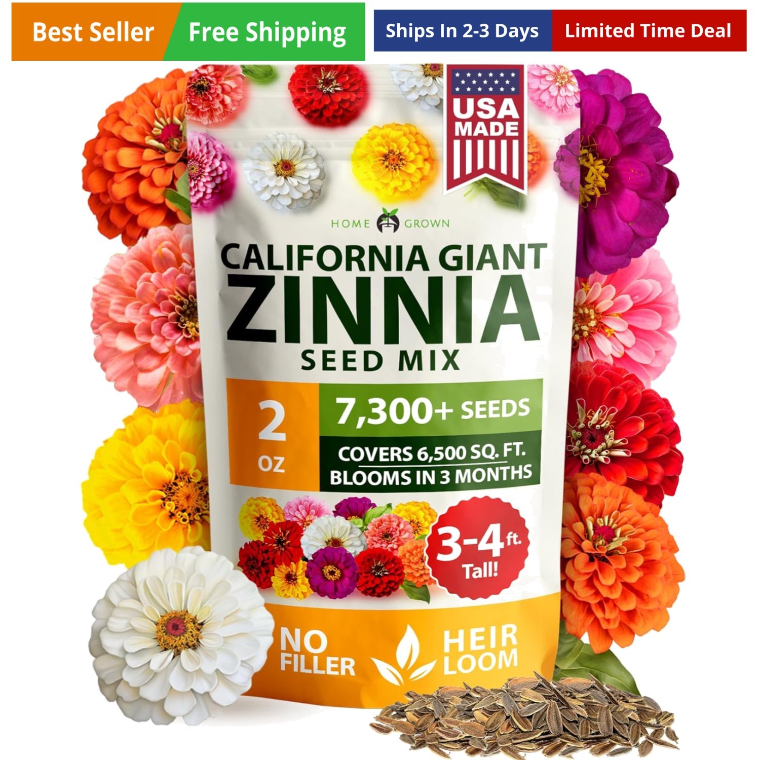 Zinnia Seeds for 2026 – California Giant Mix – 7,300+ 2 oz Plant Wildflower B…