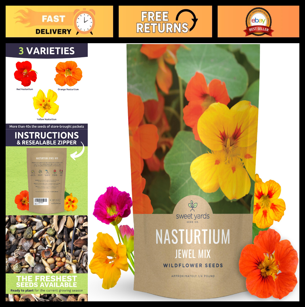 Bulk 1/4 lb Nasturtium Jewel Mix – 750 Flower Seeds for Planting & Gardening