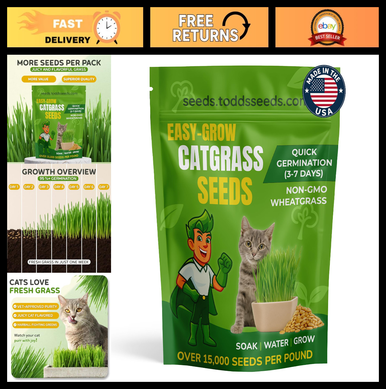 Premium Cat Grass Seeds – 1lb Wheatgrass, Non-GMO, Chemical-Free, Easy Grow, Pet