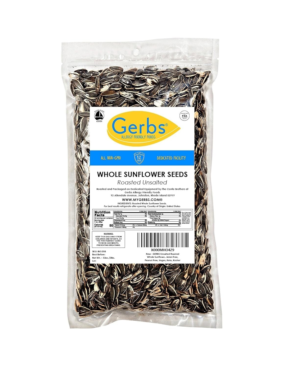 Dry Roasted Unsalted Whole Sunflower Seeds 2LB Non-GMO Allergen Free Healthy