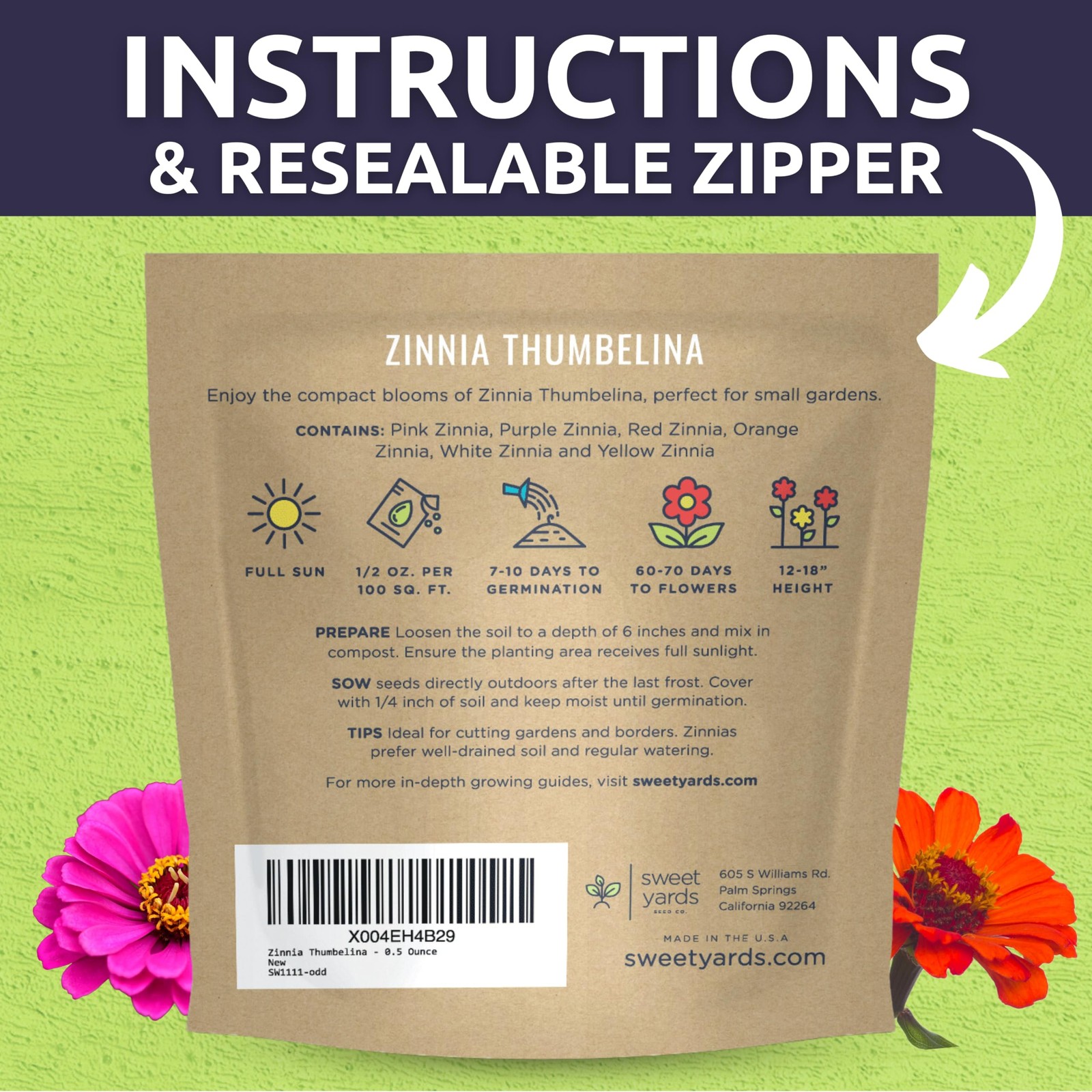 Zinnia Thumbelina Mix Flower Seeds, Zinnia Elegans Planting 1/2oz 2500 PCS Kit
