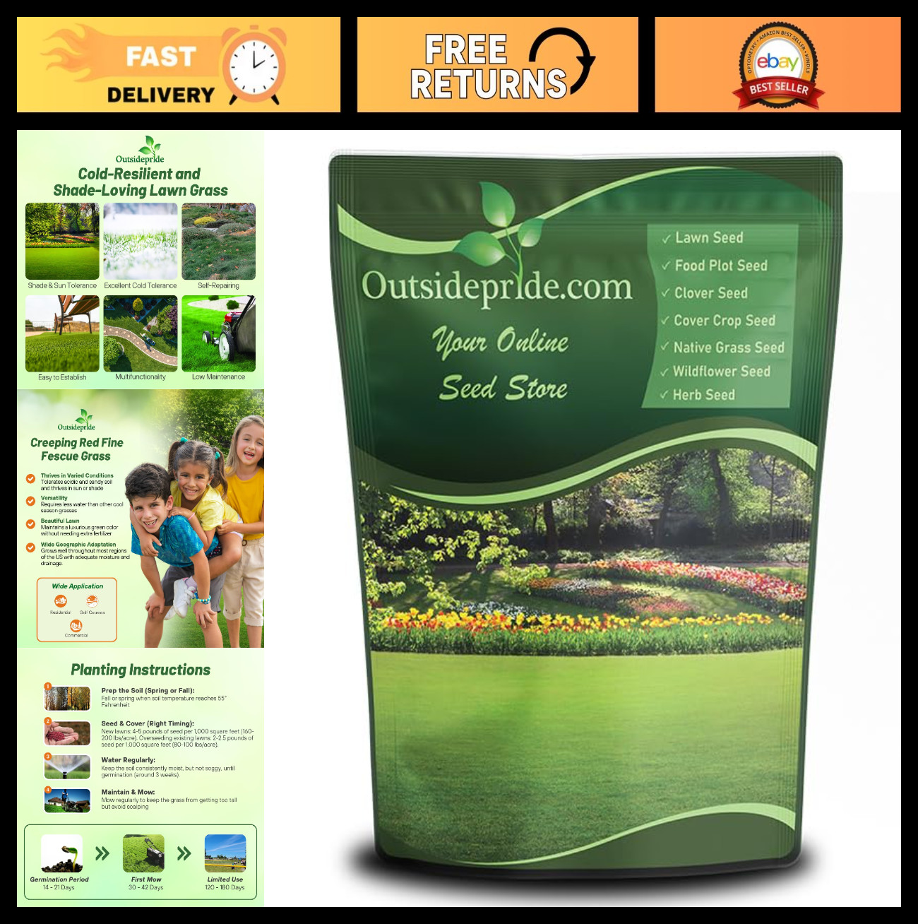 Creeping Red Fescue Grass Seed 5 Lbs – Cool Season, Soft Texture, Self-Repairing