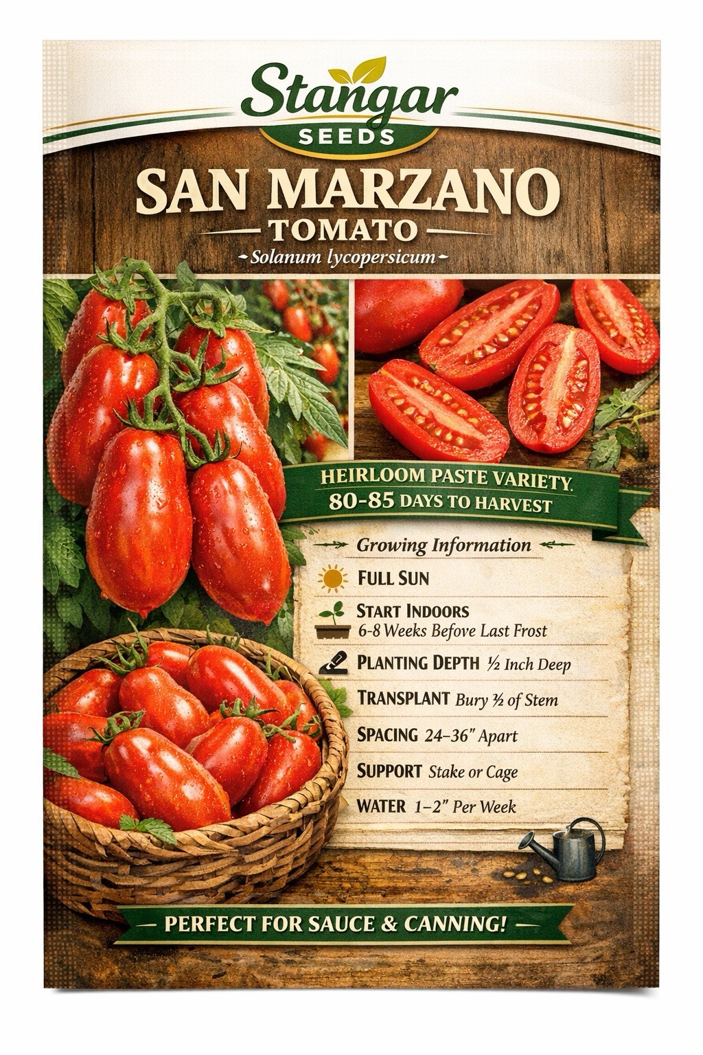 Stangar San Marzano Tomato Seeds 2026 NonGmo