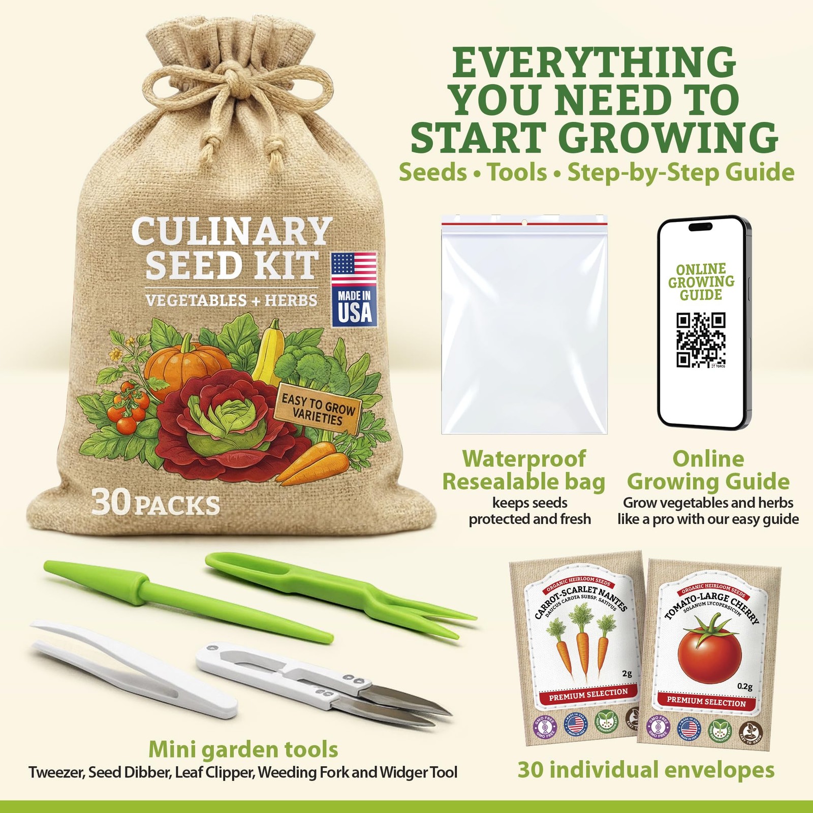 Culinary Vegetable & Herb Seeds Variety Pack – 30 Heirloom Non-GMO Multi