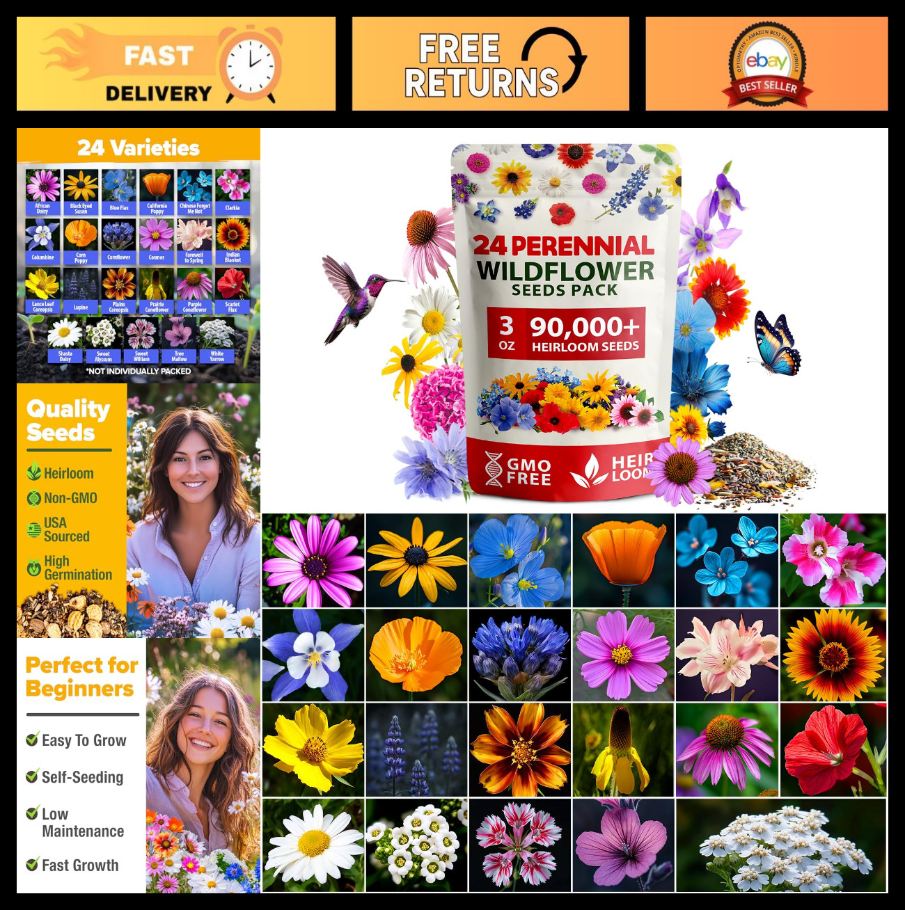 90,000+ Wildflower Seeds Mix – 3oz Non-GMO Perennial Flower Seeds for Outdoors,