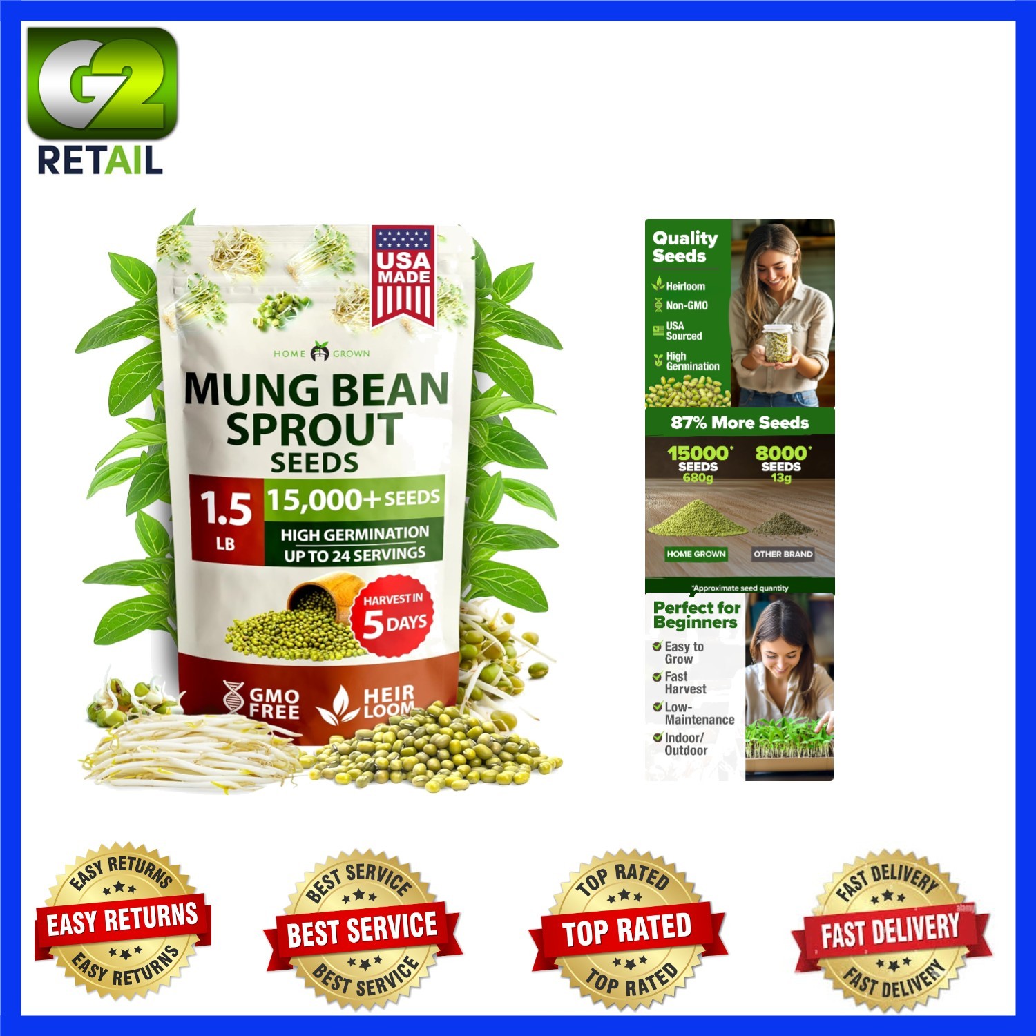 HOME GROWN Mung Beans Seeds Pack 1.5 lb Over 15,000 Sprouting Seeds Grow Fresh M