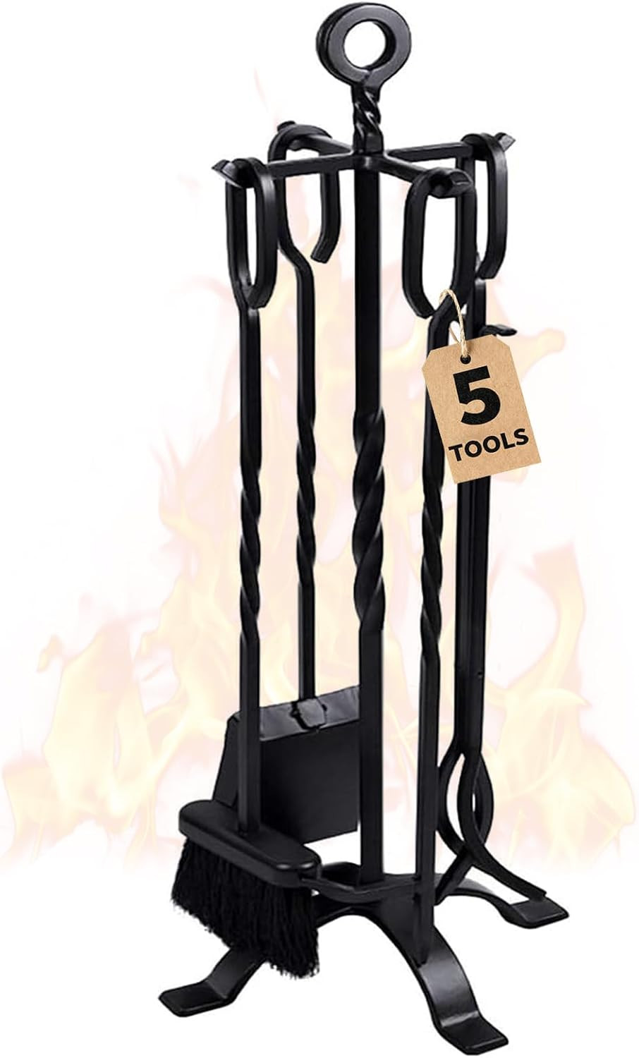 5 Pieces Fireplace Tools Set Indoor Wrought Iron Fire Place Pit Large Poker Wood