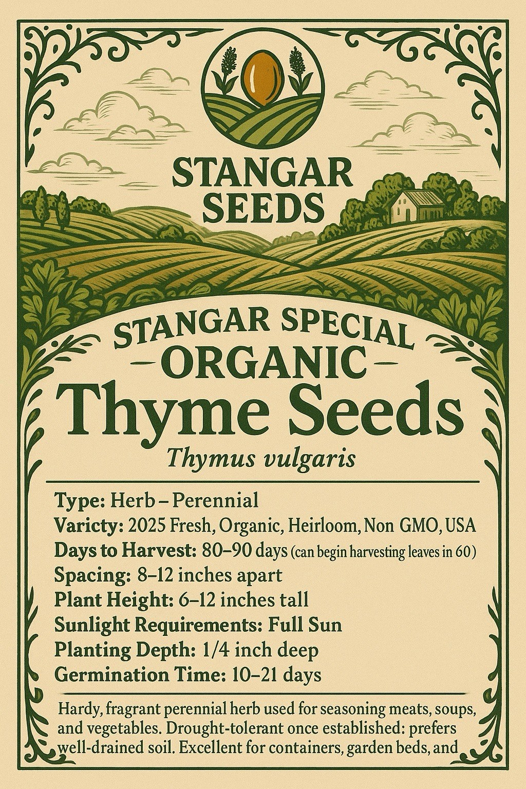 Stangar Special Organic Thyme Seeds 2026 USA Fresh Heirloom