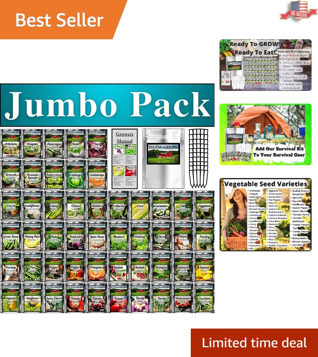 Jumbo Survival Seeds – 50,000 Vegetable & Fruit Seeds – Seed Markers Included