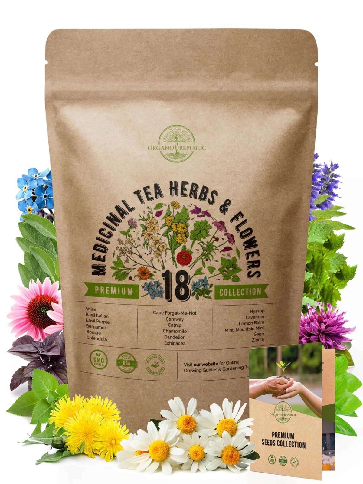 18 Medicinal Tea Herb & Flower Seeds Variety Pack- Indoor/Outdoor. 3400+ Non-…