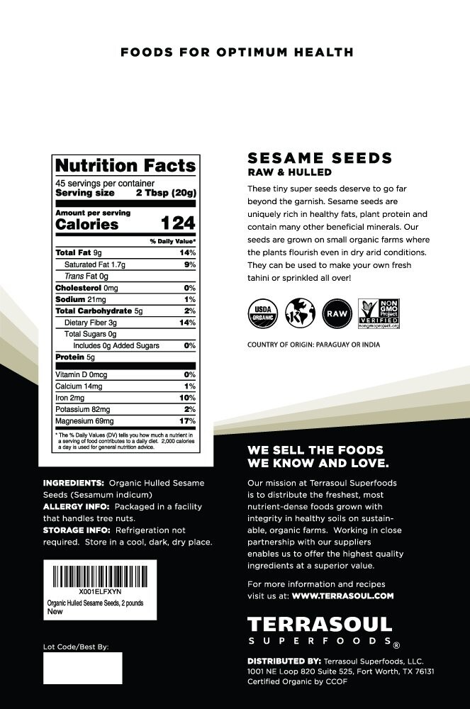 Organic Hulled Sesame Seeds 2 Lbs Raw Gluten-Free for Tahini Nutrients