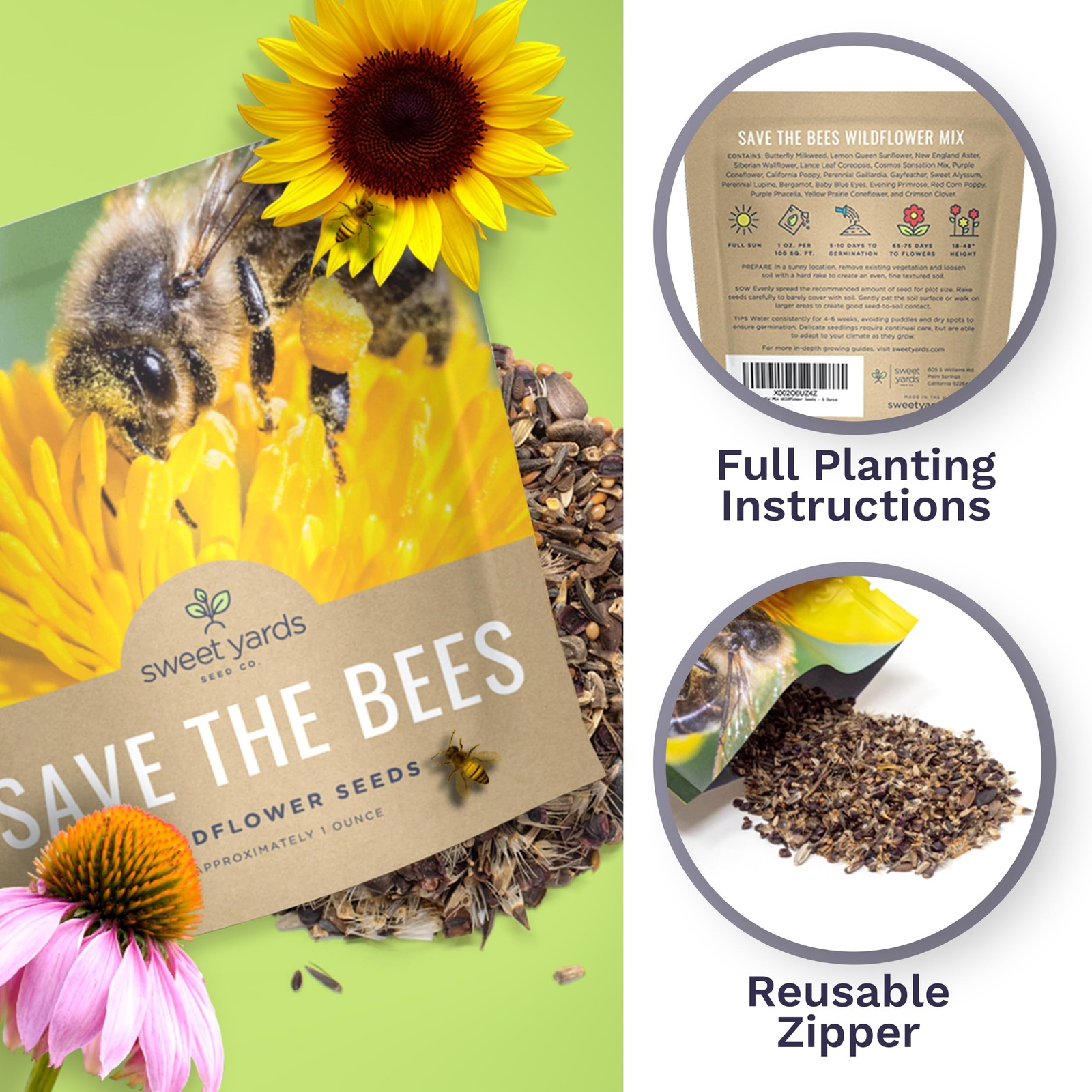 Bee Friendly Wildflower Seed Mix – Bulk 1 Ounce Packet – Over 7,500 Open Poll…