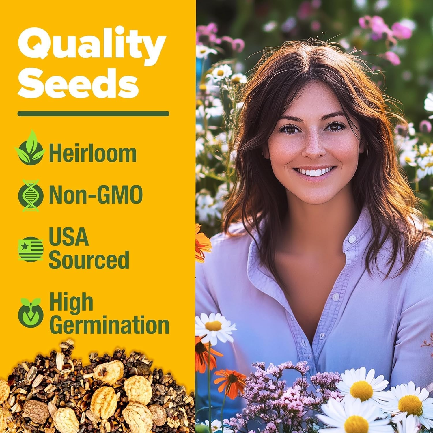 90,000+ Non-GMO Wildflower Seeds Mix – 3oz of 24 Varieties for Pollinators