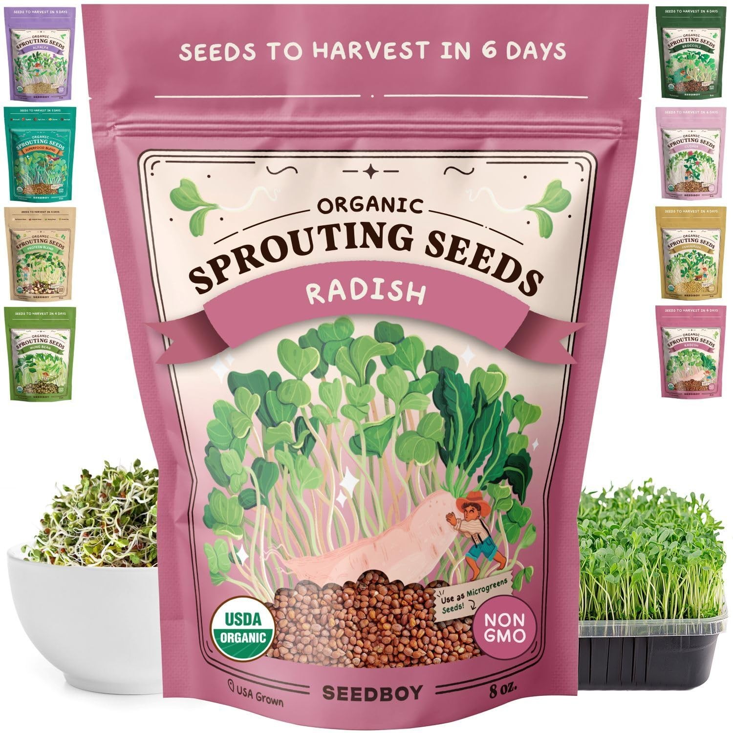 Organic Radish Sprouting Seeds Daikon Microgreens 8 oz USA Grown Fast
