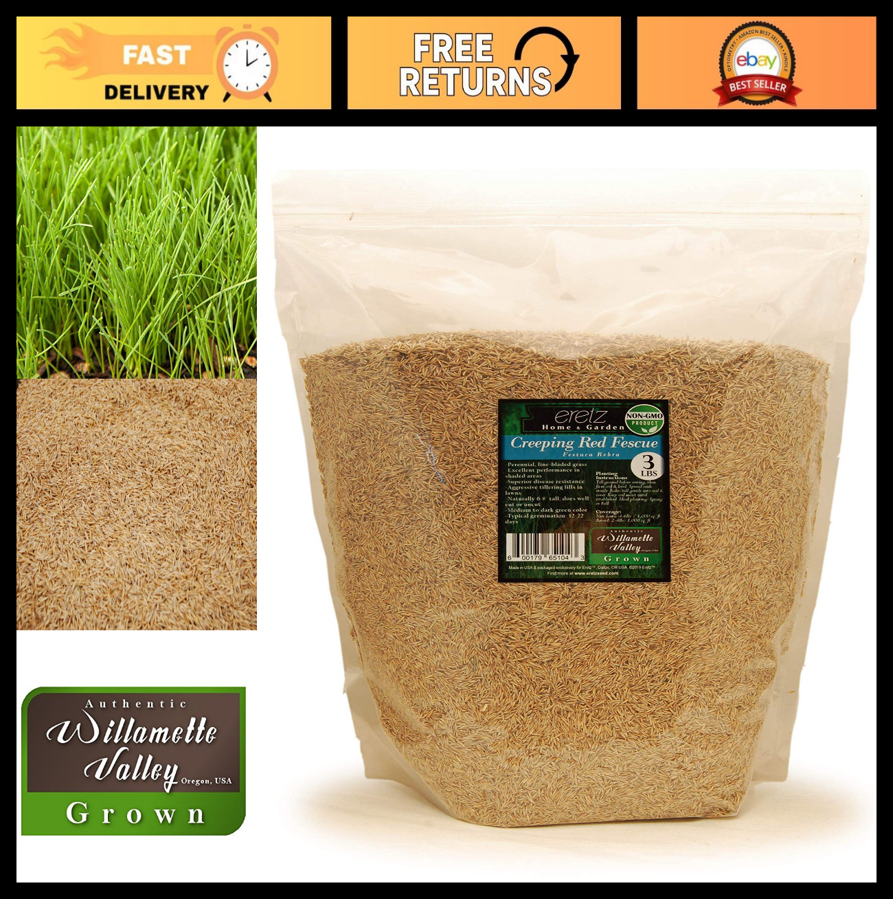 Premium Creeping Red Fescue Grass Seed – 3lb, Oregon Grown, No Fillers, Shade To