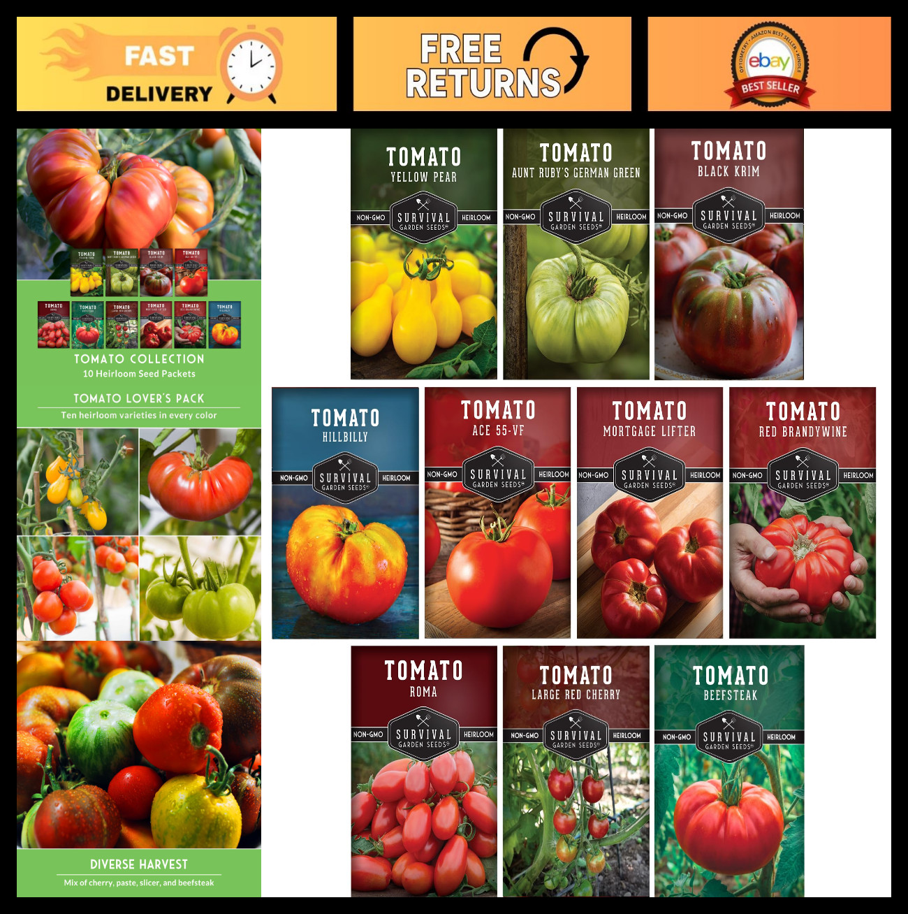 10 Variety Tomato Seeds Pack – Non-GMO Heirloom for Planting – Black Krim, Roma