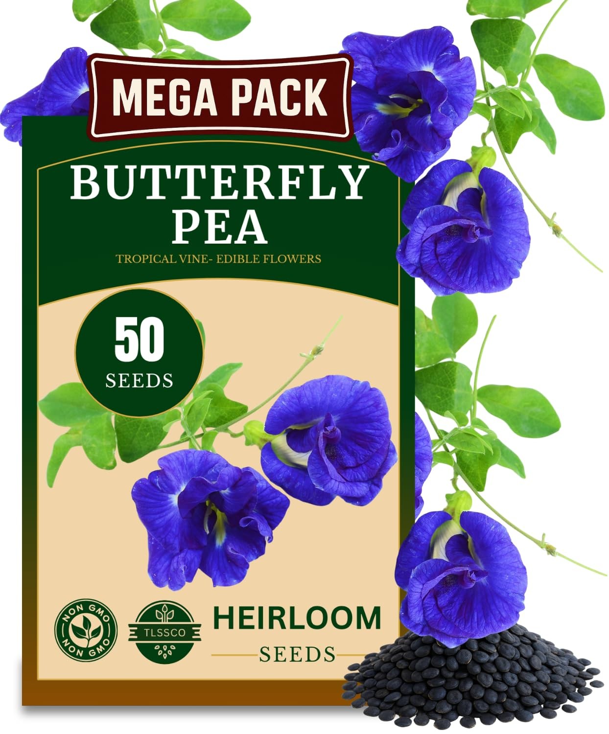 50+ Butterfly Pea Flower Seeds for Planting, Non-GMO Flower Seeds, Blue Butte…