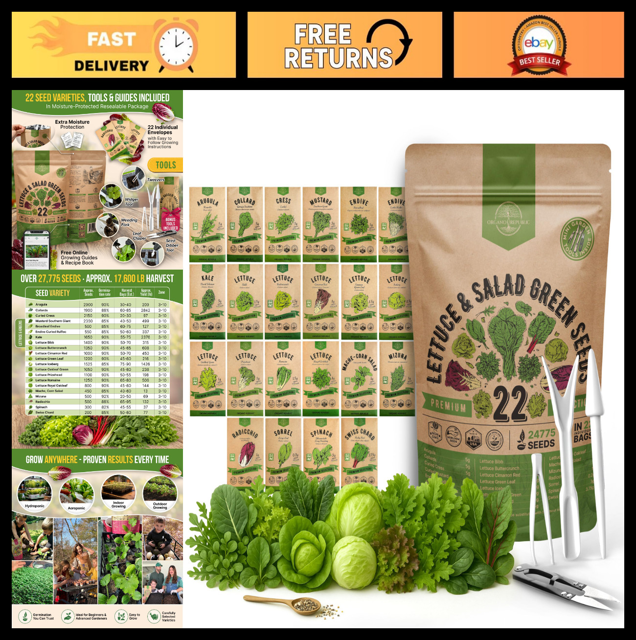 22 Variety Pack Lettuce & Salad Greens Seeds – 24,700+ Non-GMO Heirloom for Indo
