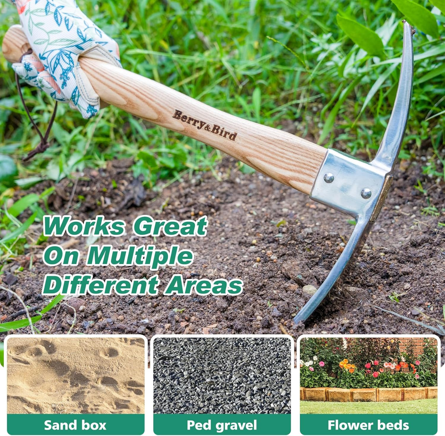 Berry&Bird Gardening Pick Axes, Stainless Steel Pickaxe Mattock Hoe with Wooden