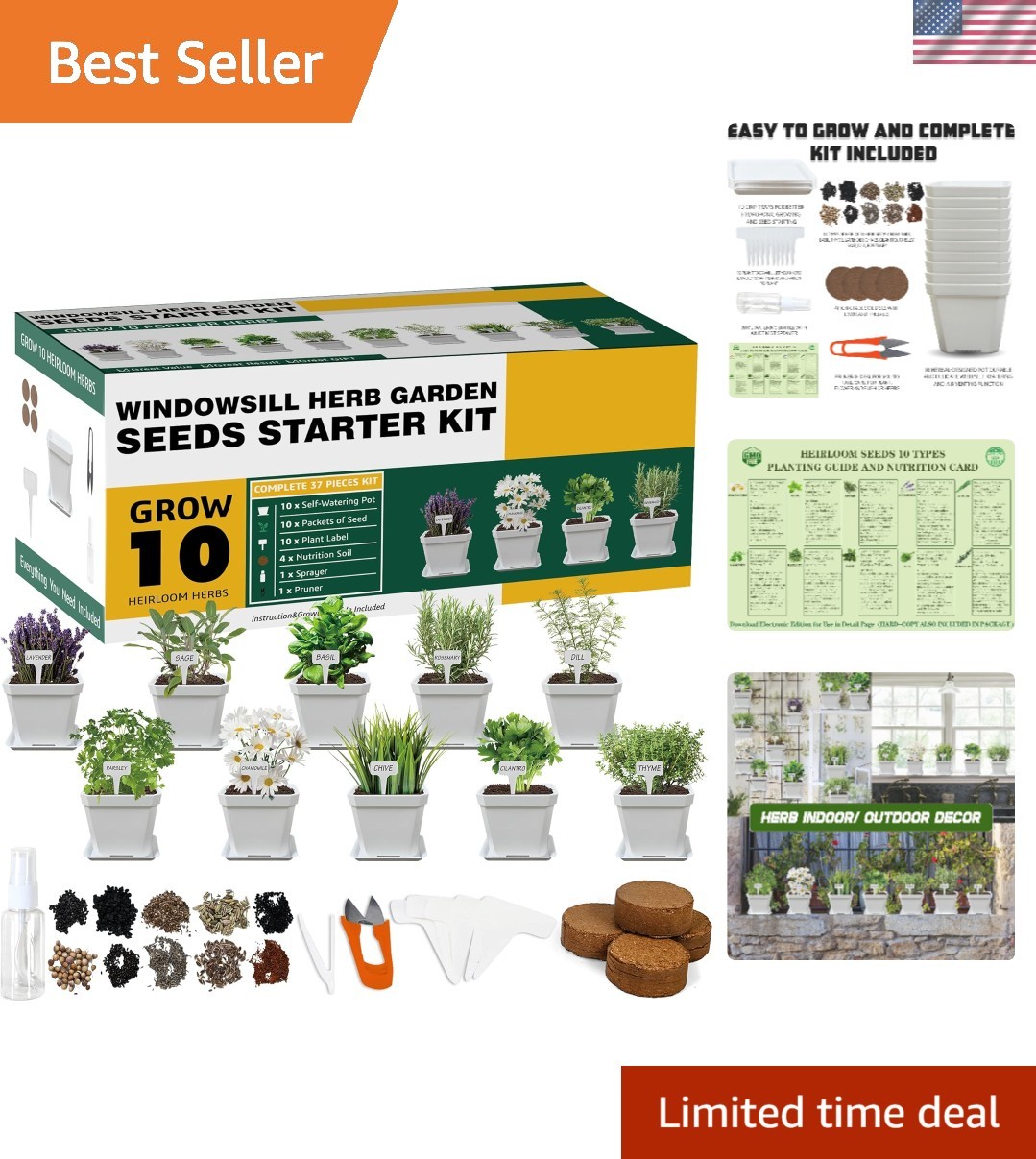 10 Herb Seeds Garden Starter Grow Kit with White Pots, Markers, Nutritional S…