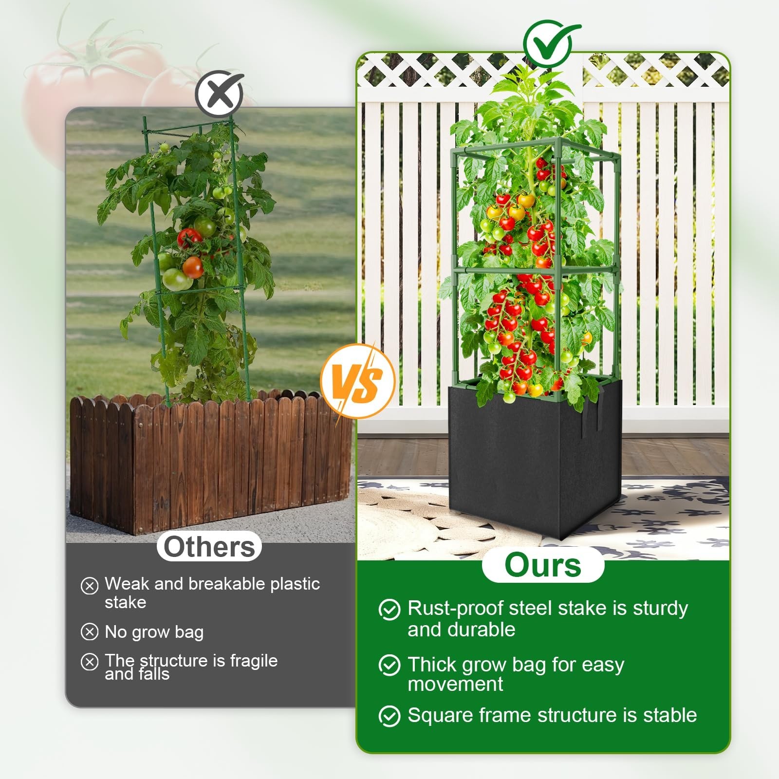 3 Pack Heavy Duty Tomato Cages & 17 Gallon Grow Bags – 47″ Tall Plant Support fo