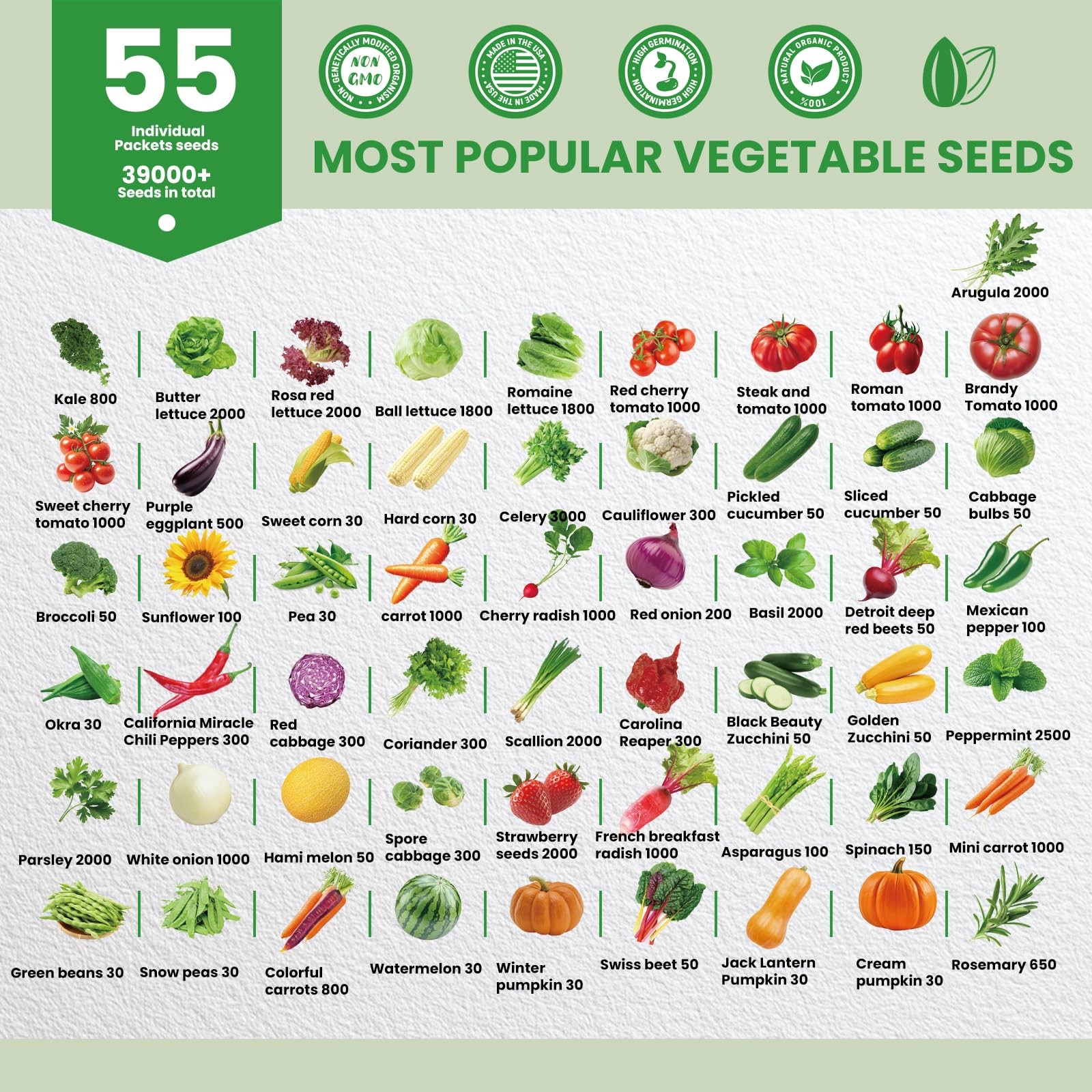Vegetable Seeds 55 PCS Heirloom Non-GMO Garden Seeds for Outdoor Planting Gift