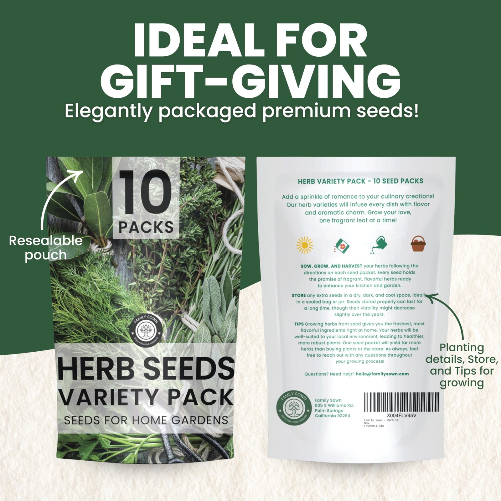 Herb Seeds 10 NonGMO Packs for Indoor & Outdoor Planting Mint, Basil, Thyme