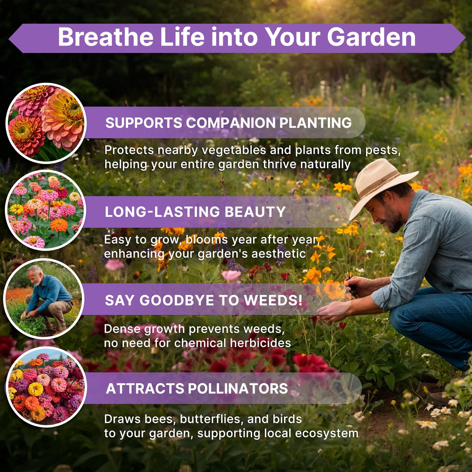 Zinnia Seeds Pack 4 oz – Over 15,300 Non-GMO 4oz, Purple, Pink, Green